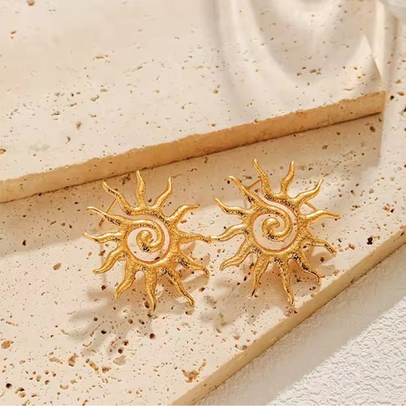 Abstract Sunburst 18K Gold Stainless Steel Earrings - Picture 12 of 14